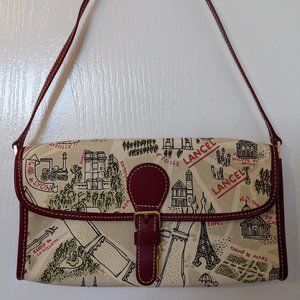 Lancel Beige and Burgundy Canvas Shoulder Bag